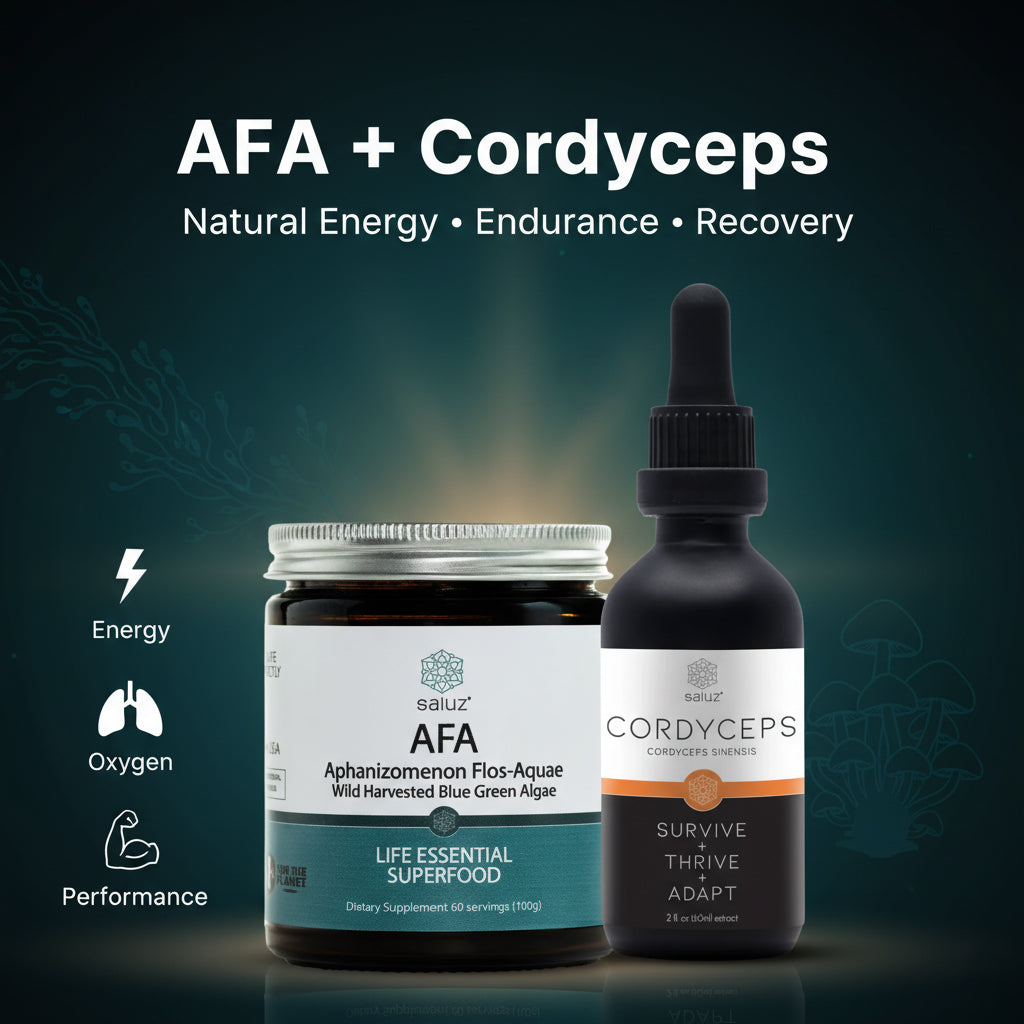 Saluz AFA - Cordyceps Bundle – Energy - Performance - Longevity - Immune Support – Wild Harvested Blue Green Algae Superfood & Cordyceps Sinensis Extract – Boosts Focus Stamina Recovery & Vitality – Life Essential Superfood – 60 Servings